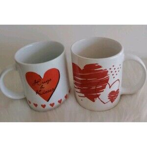 2 Valentine's Day Love Coffee Mug Cups I Love You & Hugs & Kisses Mugs